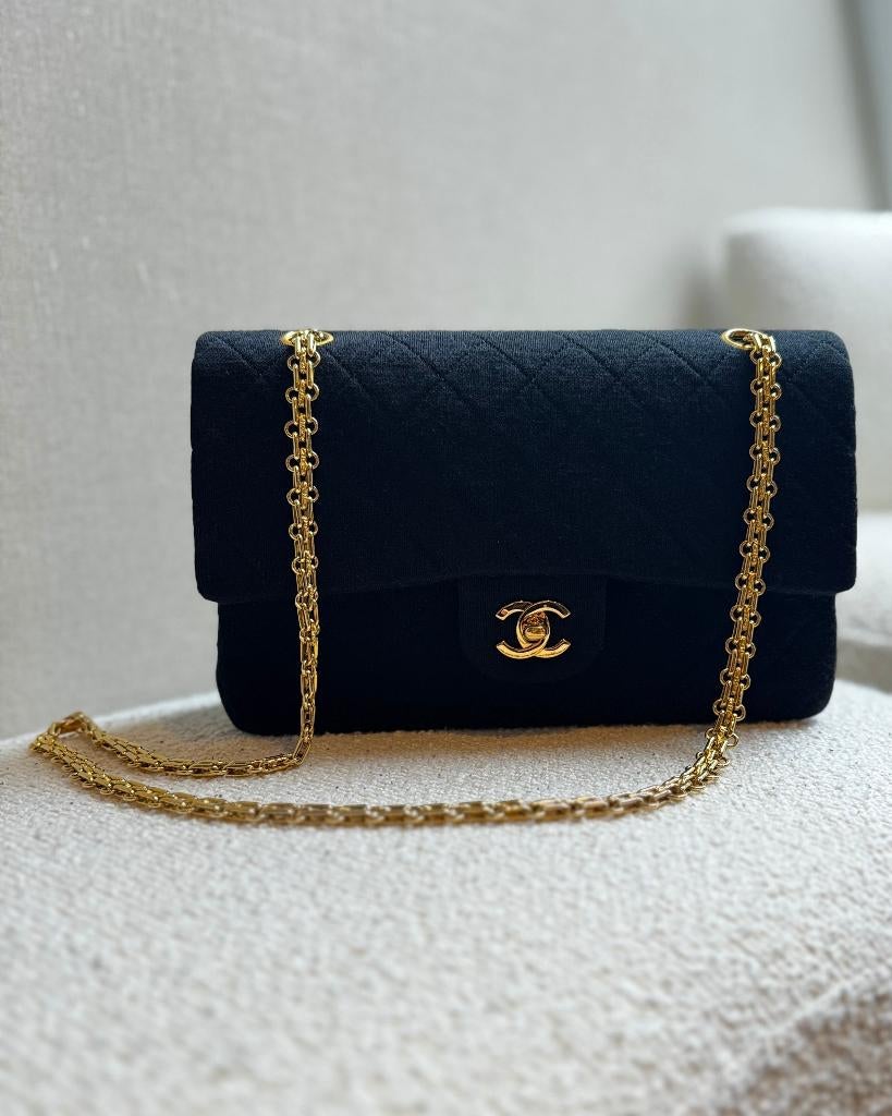 Chanel Fabric Double Flap Bag Medium, Sieraden, Tassen en Uiterlijk, Tassen | Damestassen, Zo goed als nieuw, Schoudertasje, Zwart