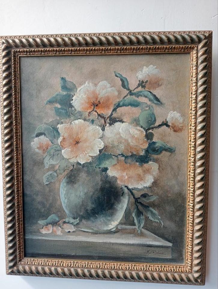 Olieverfschilderij bloemen in vaas, gesigneerd, Antiek en Kunst, Kunst | Schilderijen | Klassiek, Ophalen of Verzenden