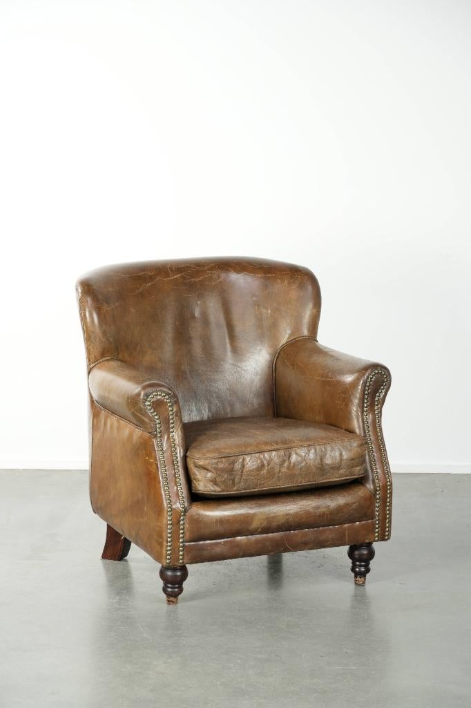 Leuke stoere rundleren fauteuil in een mooi subtiel formaat, Ophalen, Gebruikt, ., Minder dan 75 cm