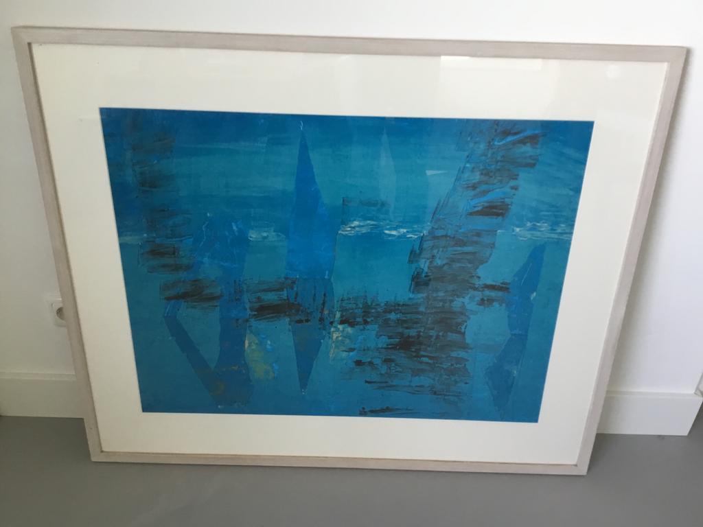 Abstract kunstwerk in blauwtinten - Monart Lijstenmakerij, Antiek en Kunst, Kunst | Schilderijen | Modern, Ophalen