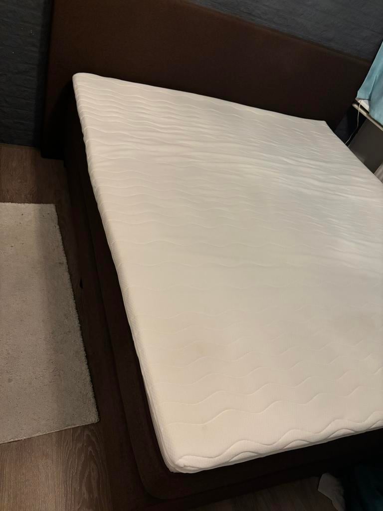 Boxspring 180x200 incl topper en 2 hockers antraciet/bruin, Ophalen, Bruin, Gebruikt, Tweepersoons