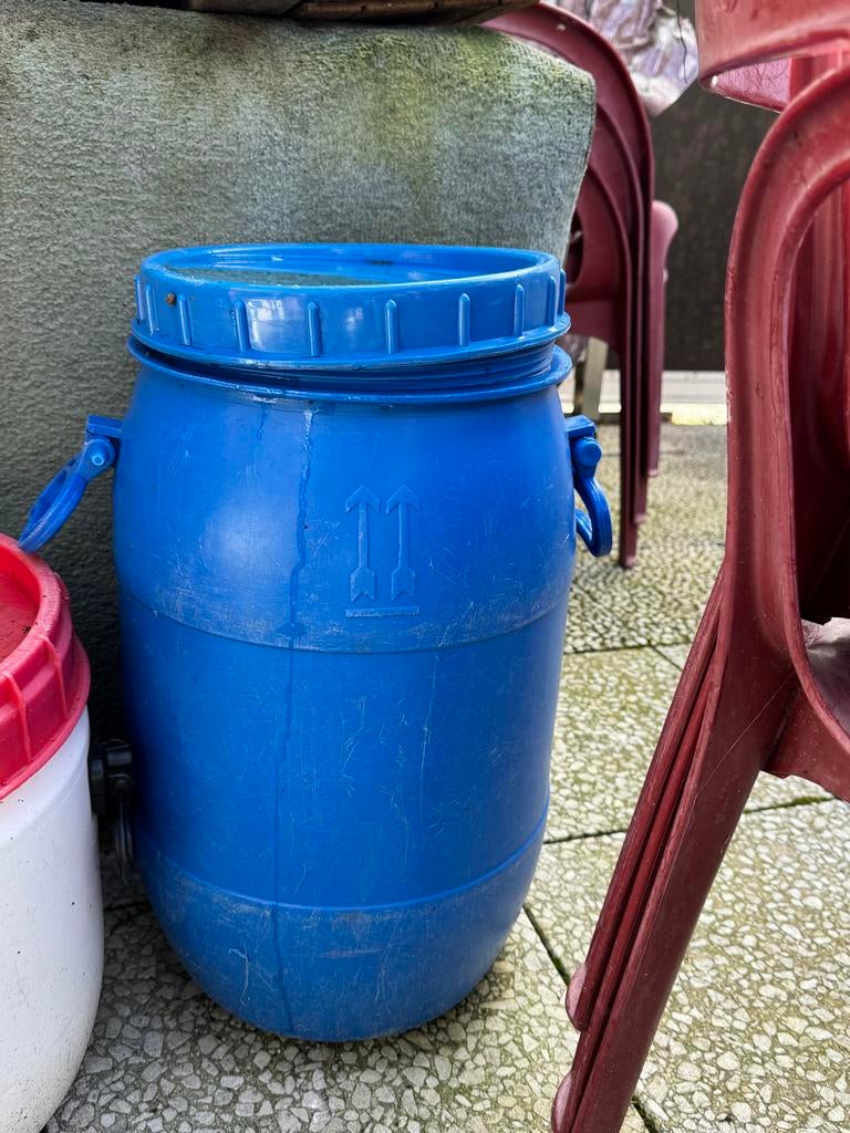 6 x blauwe regenton met deksel en handvatten 60 liter, Tuin en Terras, Regentonnen, Minder dan 75 liter, Ophalen, Gebruikt, Kunststof