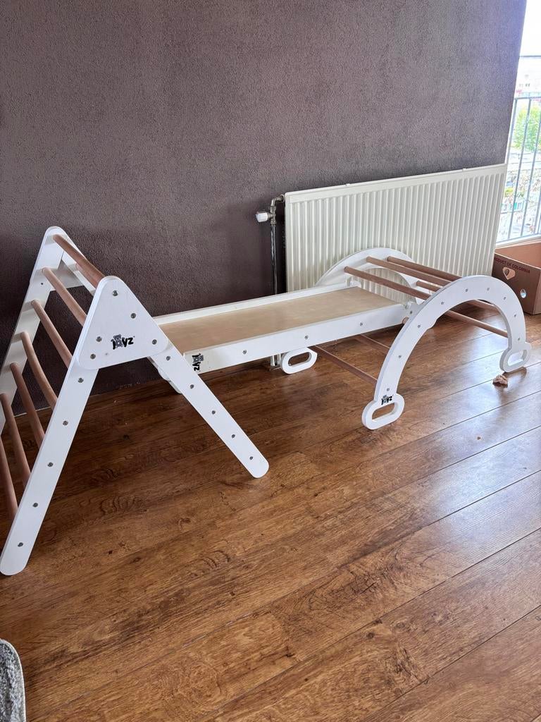 Houten Klimrek met Glijbaan en Klimboog - Wit, Kinderen en Baby's, Ophalen, Zo goed als nieuw, Glijbaan