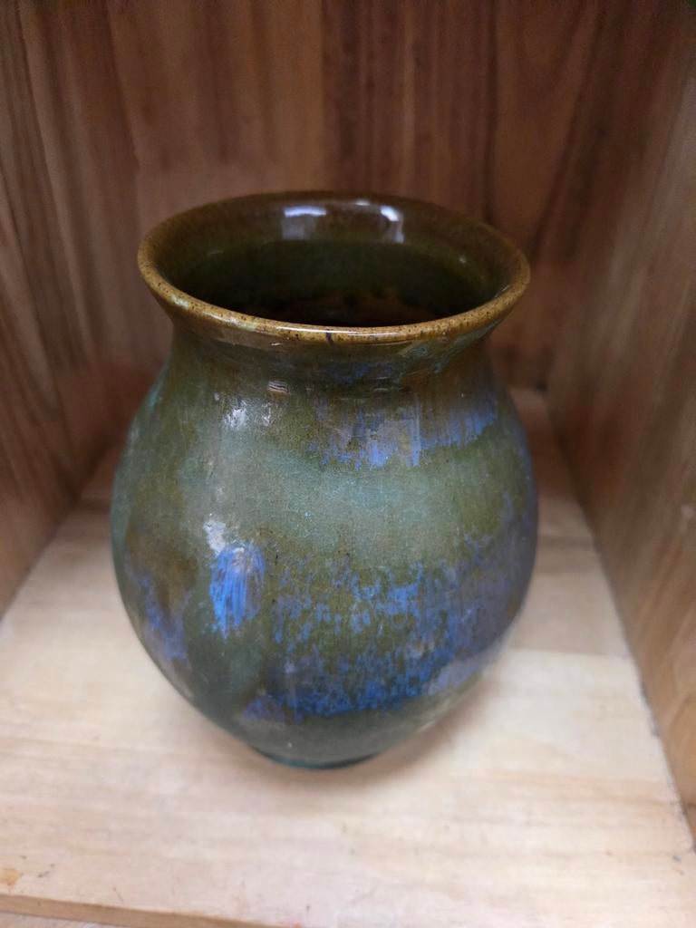 Groene vaas met blauwe accenten keramiek, Ophalen of Verzenden