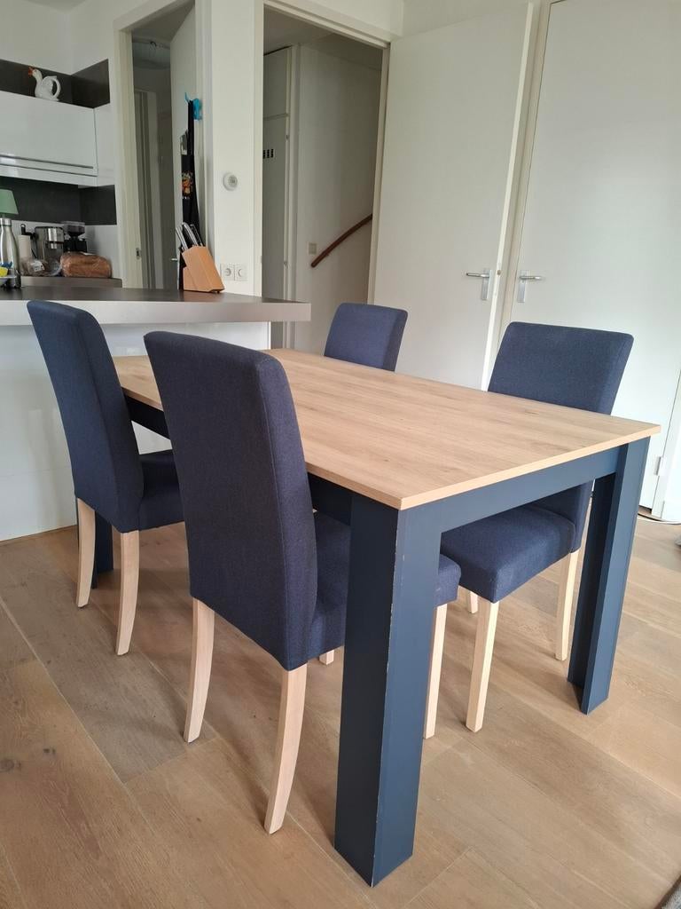 Eettafel met 6 stoelen - marineblauw en grenen, Huis en Inrichting, Tafels | Eettafels, Ophalen, Gebruikt, 100 tot 150 cm, Grenenhout