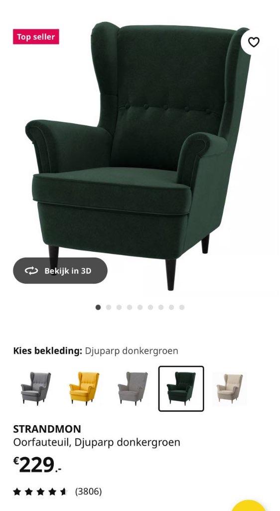 IKEA STRANDMON set: 2 armchairs + footstool, dark green, Huis en Inrichting, Fauteuils, Ophalen, 75 tot 100 cm, Zo goed als nieuw