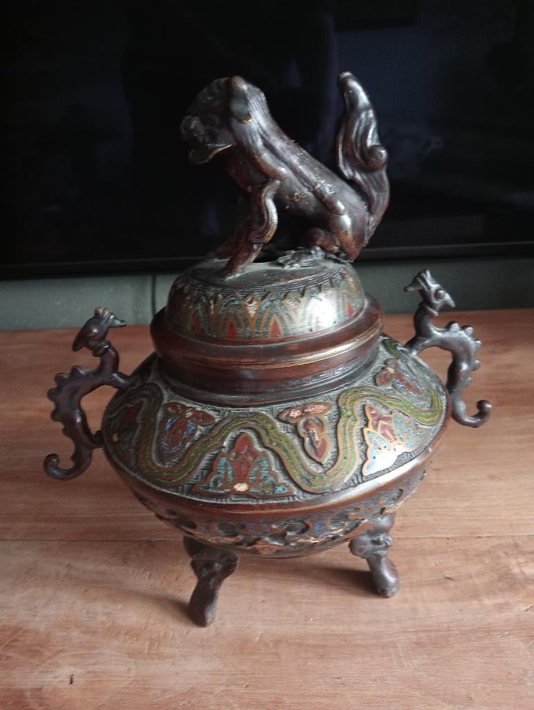 26 cm Bronzen Cloisonne wierook brander pot Foo dog draken, Antiek en Kunst, Ophalen
