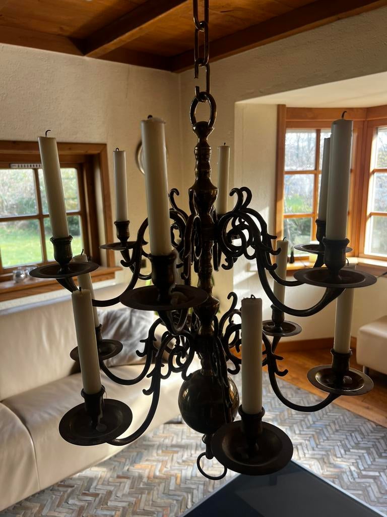 Antieke Messing Kroonluchter met 12 armen (2 stuks), Huis en Inrichting, Lampen | Kroonluchters, Gebruikt, Overige materialen