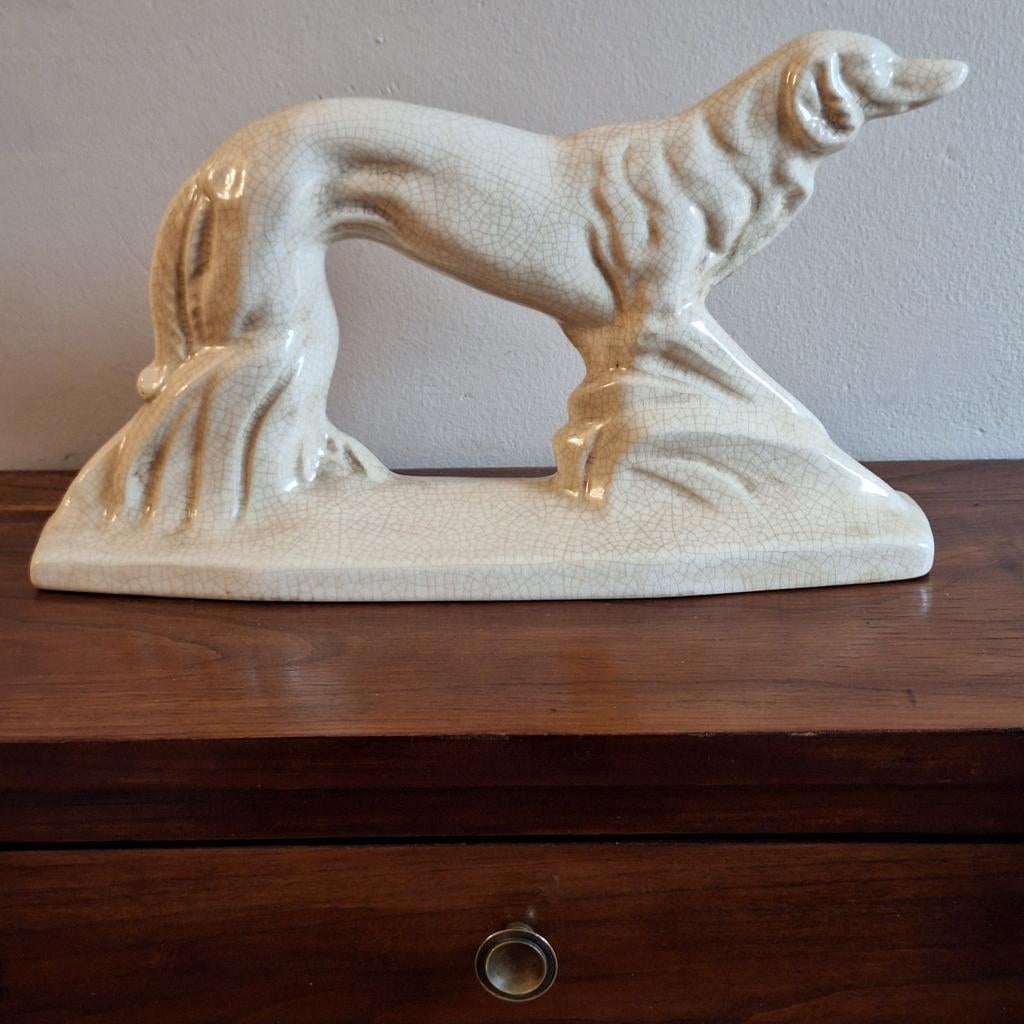 Art Deco Windhond Beeld Craquelé Aardewerk L&V, Ophalen of Verzenden