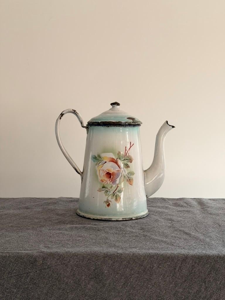 Franse emaille koffiepot / kan met rozen decor (Japy stijl), Ophalen