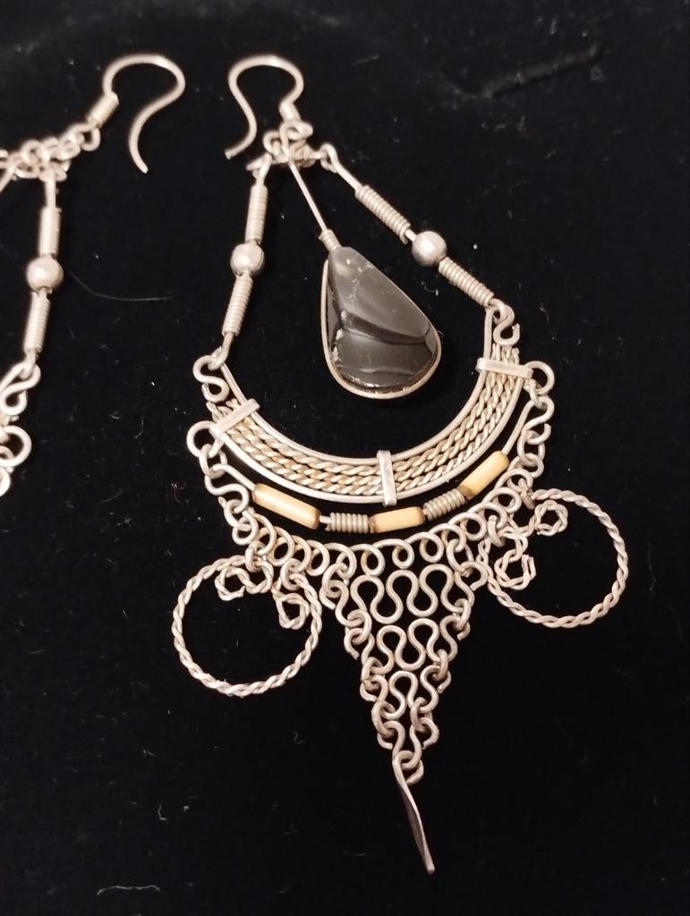 Vintage alpaca handgemaakte oorbellen met natuur rookkwarts, Sieraden, Tassen en Uiterlijk, Antieke sieraden, Ophalen of Verzenden