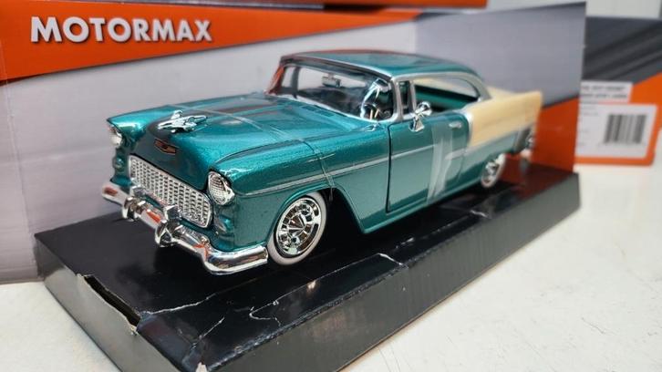 Chevrolet Bel Hardtop 1955 Groen-Wit 1:24, Hobby en Vrije tijd, Modelauto's | 1:24, Nieuw, Auto, Motormax, Ophalen of Verzenden