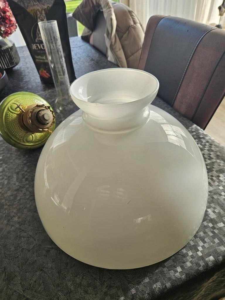 Antieke olielamp onderdelen - kap, glas en brander, Ophalen of Verzenden