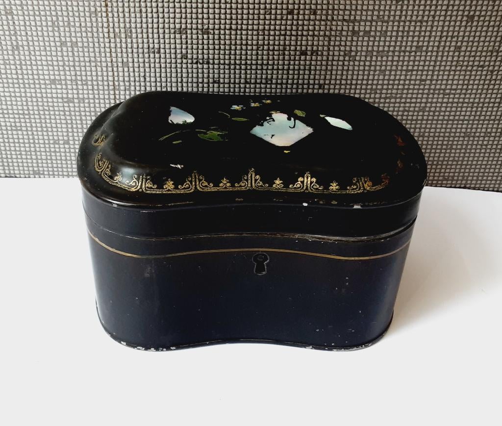 vintage blik zwart beschilderd, verguld en parelmoer inleg, Verzamelen, Blikken, Ophalen of Verzenden, Gebruikt, Overige