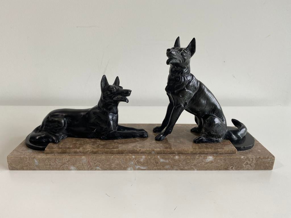 Antiek Art Deco beeld met 2 herdershonden, Ophalen of Verzenden