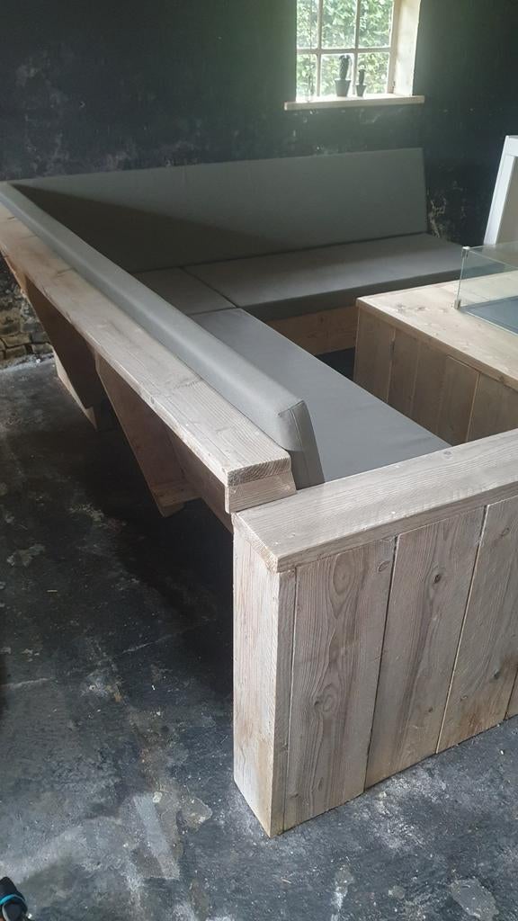 Tuinbank Hoekbank met waterafstotende kussens en vuurhaard, Tuin en Terras, Tuinbanken, Ophalen, Gebruikt, Hout