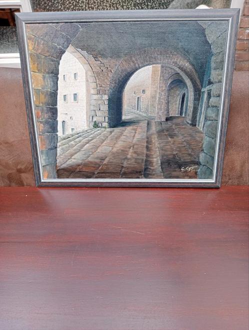 Olieverfschilderij C. Grijpma - Straatbeeld met Bogen, Antiek en Kunst, Kunst | Schilderijen | Klassiek, Ophalen of Verzenden