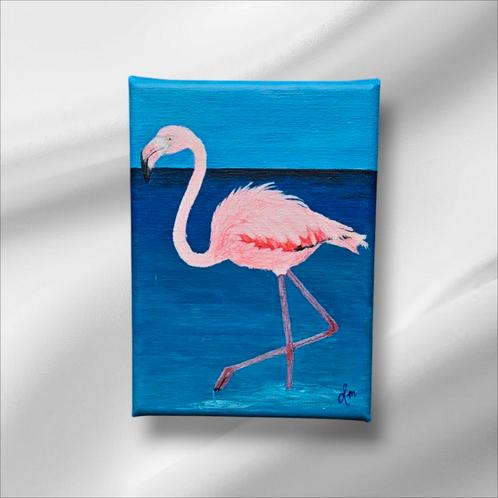 Origineel Mini Schilderij flamingo, zee, oceaan, kunstwerk, Huis en Inrichting, Woonaccessoires | Schilderijen, Tekeningen en Foto's