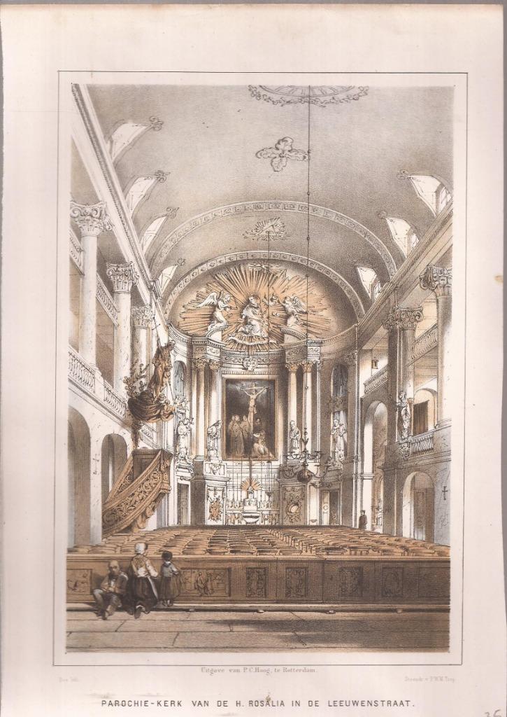 Rotterdam. Parochie-Kerk v. d. H.Rosalia in de Leeuwenstraat, Antiek en Kunst, Kunst | Etsen en Gravures, Ophalen of Verzenden