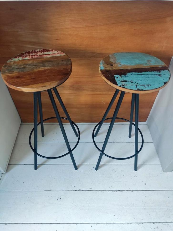 Set van 2 Houten Barkrukken Metalen Onderstel 73 cm, Huis en Inrichting, Barkrukken, Zo goed als nieuw, 60 tot 90 cm, Hout, Metaal