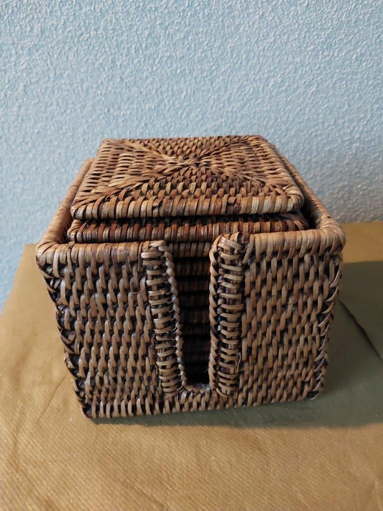 Vintage set van 11 onderzetters in houder, Ophalen of Verzenden, Zo goed als nieuw, Glas of Kopje