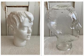 2x Brocante glazen hoofd - hoedenhoofd - pruikenhoofd beschikbaar voor biedingen