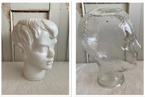 2x Brocante glazen hoofd - hoedenhoofd - pruikenhoofd, Antiek en Kunst, Curiosa en Brocante, Ophalen of Verzenden