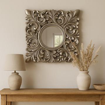 Decoratieve houten spiegel met baroklijst – zilverkleurig beschikbaar voor biedingen