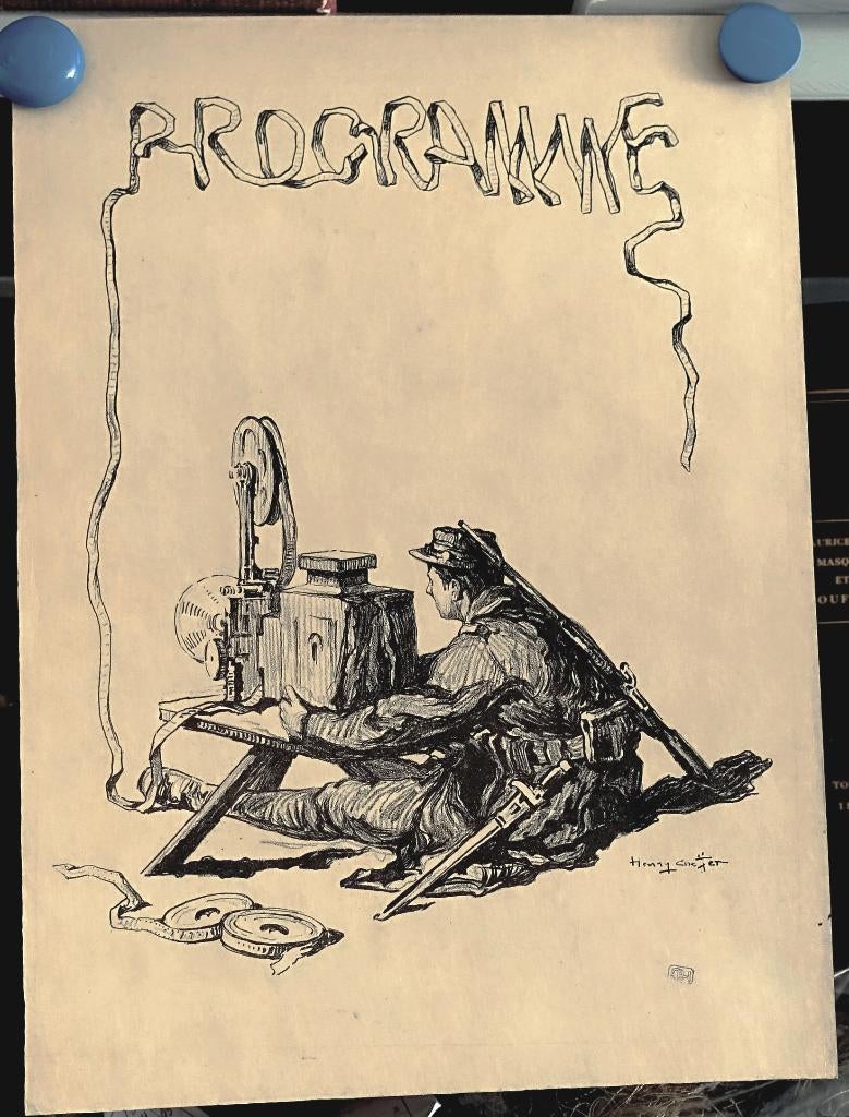 Lithografie Henry Cheffer Militair met filmapparaat, Ophalen of Verzenden