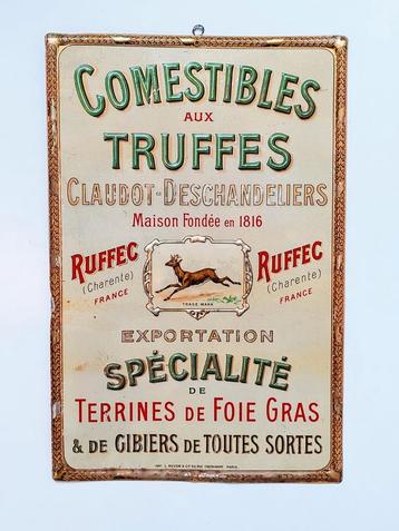 Antiek blikken reclamebord Truffels Wild Foie Gras Culinaire beschikbaar voor biedingen