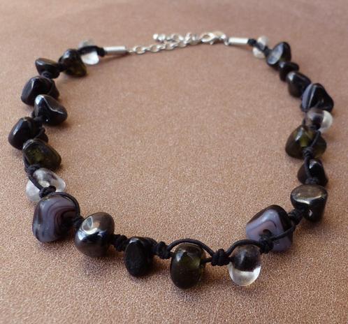 MKM design ketting zwart koord met steentjes, Sieraden, Tassen en Uiterlijk, Kettingen, Gebruikt, Overige materialen, Zwart, Verstelbaar