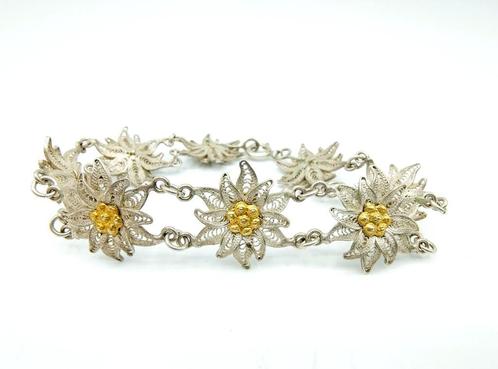 Filigrein zilveren armband met goud vergulde bloemen, 20 cm, Sieraden, Tassen en Uiterlijk, Armbanden, Gebruikt, Zilver, Zilver