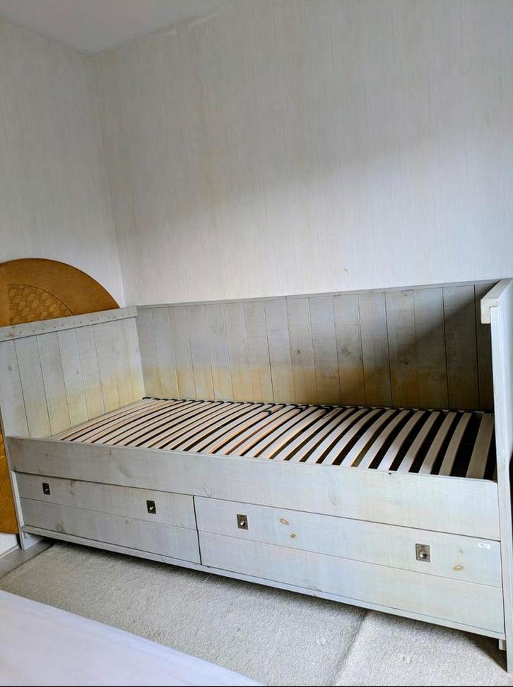 1-persoonsbed vergrijsd steigerhout, Huis en Inrichting, Slaapkamer | Bedden, Zo goed als nieuw, Eenpersoons, 90 cm, Steigerhout