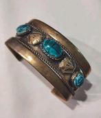 Vintage messing armband blauwgroen scarabee cabochon, Goud, Overige materialen, Zo goed als nieuw, Verzenden