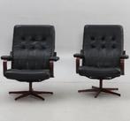 Set van twee vintage zwart lederen draaistoelen, Zweden 1970, Twee, Zwart, Scandinvian Vintage, Leer