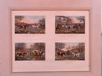 Grote prent, 4 jachttaferelen , paarden beschikbaar voor biedingen