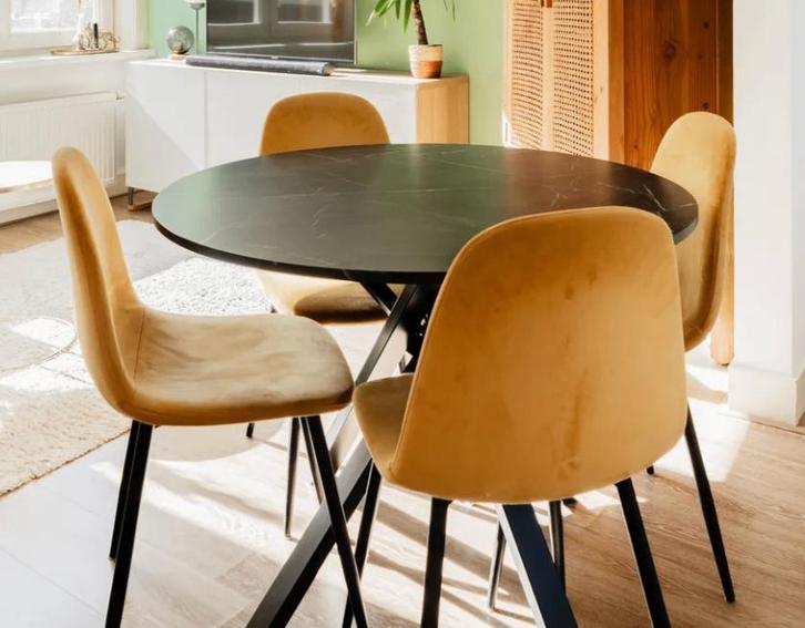 MARIEDAMM ikea eettafel rond zwart marmerpatroon, Huis en Inrichting, Tafels | Eettafels, Gebruikt, 100 tot 150 cm, 100 tot 150 cm