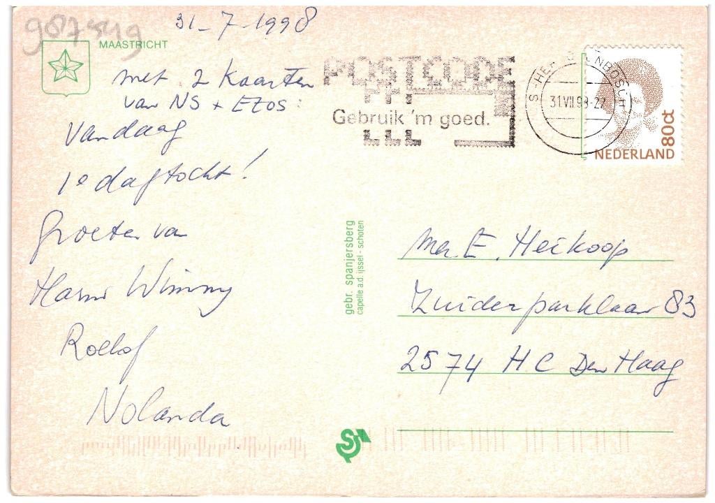 987549 Maastricht 80+ Limburg Gelopen met postzegel, Ophalen of Verzenden, 1980 tot heden, Gelopen, Limburg