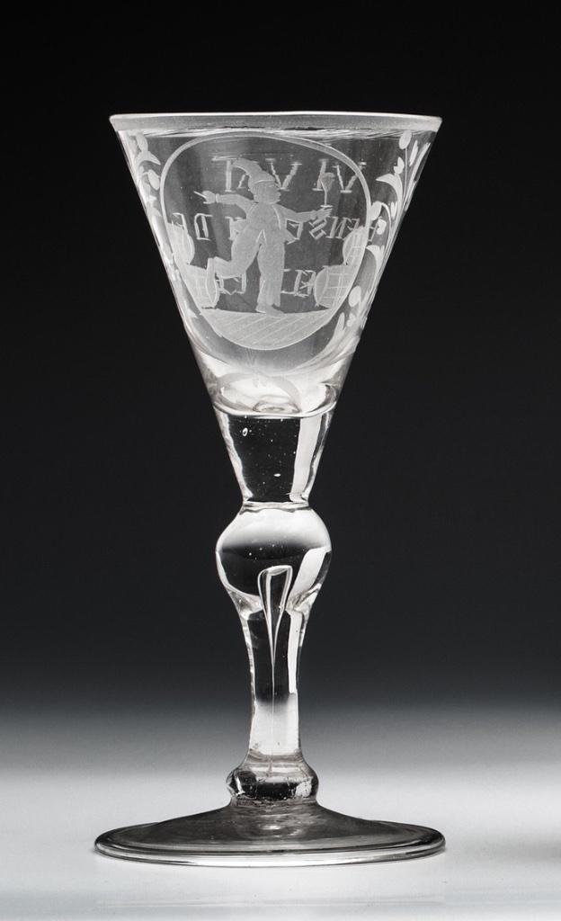 Antiek gegraveerd wijn glas - Hansje in de Kelder - 18e eeuw, Antiek en Kunst, Antiek | Glas en Kristal, Ophalen of Verzenden
