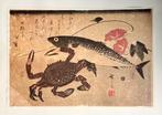 Japanse prent: Krab, Vis en Florale Elementen, Ophalen of Verzenden