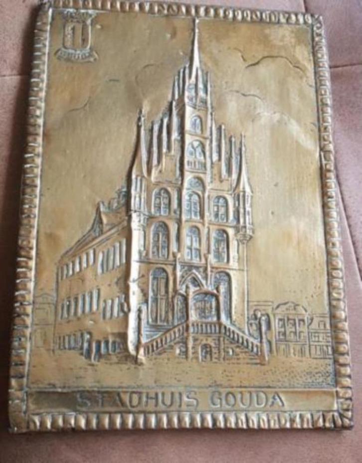 koperen plaat Latoen stadhuis Gouda, Antiek en Kunst, Antiek | Koper en Brons, Koper, Ophalen