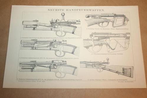 Antieke prent - 19e eeuwse handvuurwapens - Ca 1885 !!, Verzamelen, Militaria | Algemeen, Landmacht, Nederland, Ophalen of Verzenden