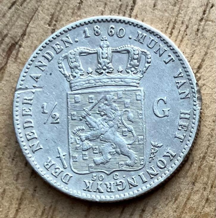 nette halve gulden 1860 Willem III, Postzegels en Munten, Munten | Nederland, Losse munt, ½ gulden, Koning Willem III, Zilver