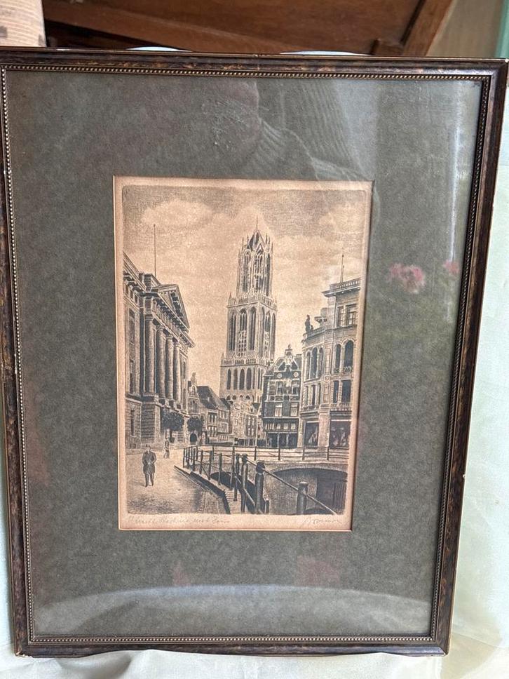 Oude ets Utrecht Stadhuis en Dom, ca. 1900, Antiek en Kunst, Kunst | Etsen en Gravures, Ophalen of Verzenden