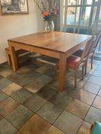 Vierkante eiken eettafel 8 persoons en 2 zitbankjes, Huis en Inrichting, Tafels | Eettafels, Ophalen, Gebruikt, Vijf personen of meer