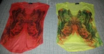 2 vlinder t-shirts neon oranje geel maat S tshirt butterfly beschikbaar voor biedingen