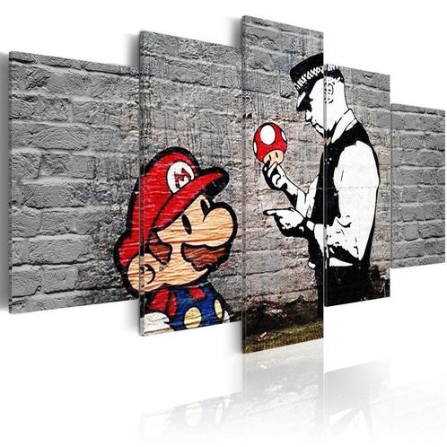 187 Banksy Super Mario 5 Luik Canvas Schilderij 200x100cm, Huis en Inrichting, Woonaccessoires | Schilderijen, Tekeningen en Foto's
