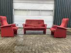 Twee fauteuils en bank in rood leer en alcantara, Gebruikt, Ophalen, Modern, Relax, Stof