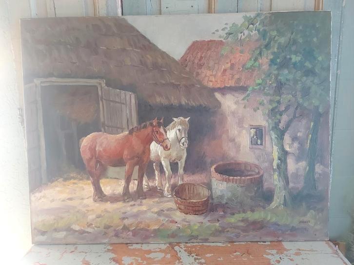 Oud schilderij paarden op het erf van J.Koning gesigneerd, Antiek en Kunst, Kunst | Schilderijen | Klassiek, Ophalen of Verzenden