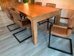 Eethoek met 6 stoelen en tafel van teakhout, Ophalen, 200 cm of meer, 50 tot 100 cm, Zo goed als nieuw